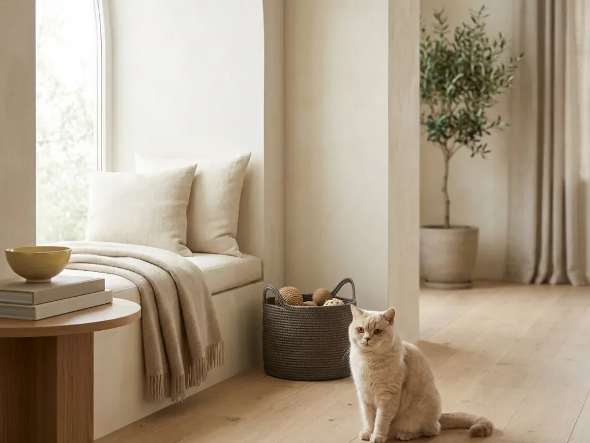 A calm cream cat sitting on light oak flooring in a bright, minimalist room with a linen window seat and an olive tree
