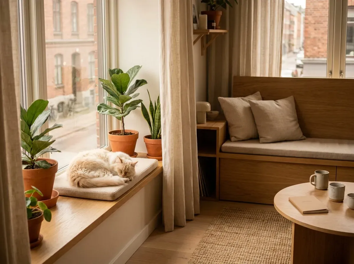 A cream-coloured cat napping on a windowsill cushion in a compact, plant-filled apartment nook overlooking a city street