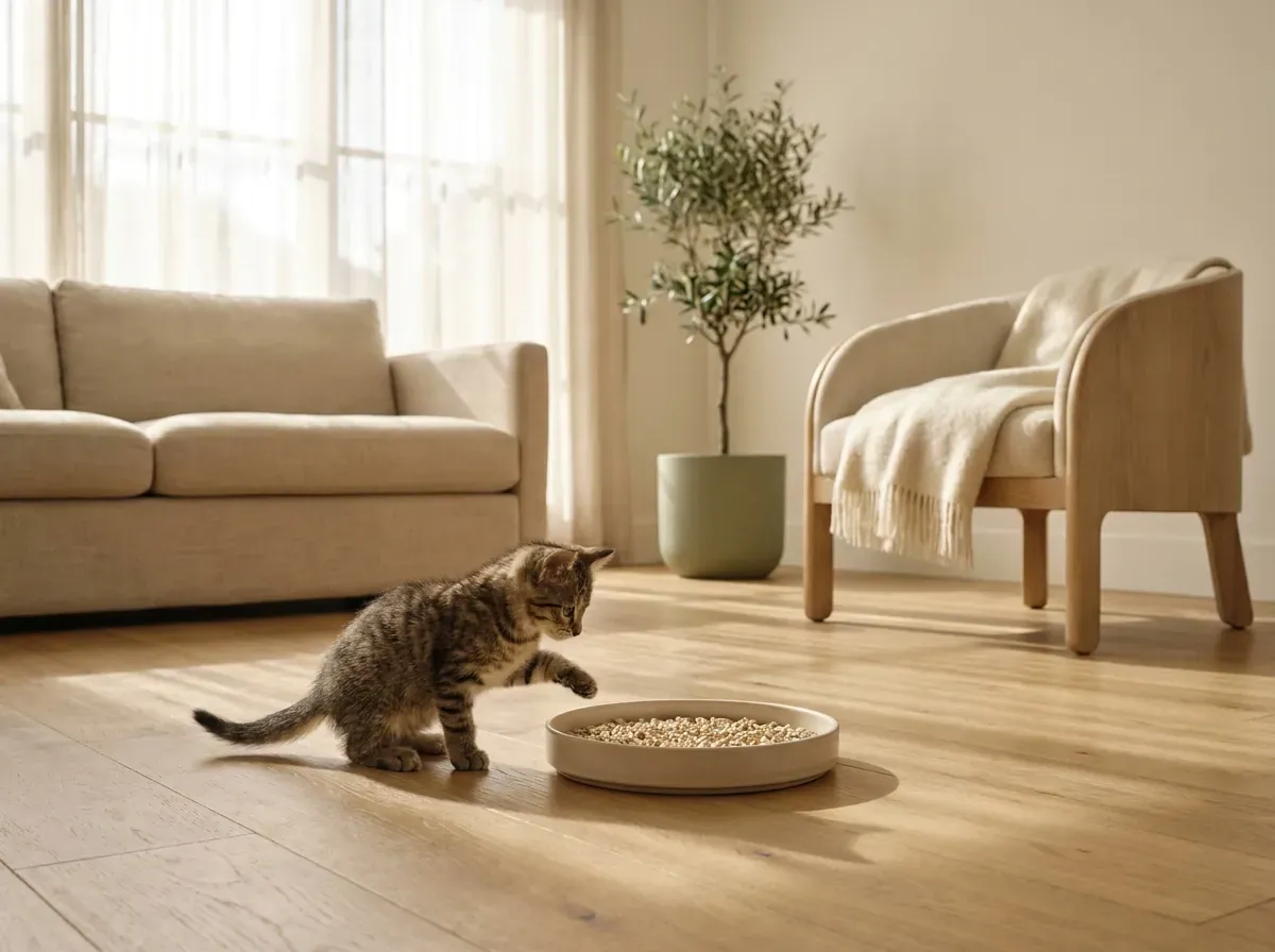 A small tabby kitten reaching a paw toward a low, shallow dish of pale litter in a sunlit living room
