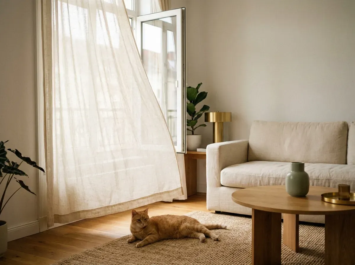 An airy, fresh living room with an open window and a linen curtain lifting in the breeze, a relaxed cat resting on a jute rug