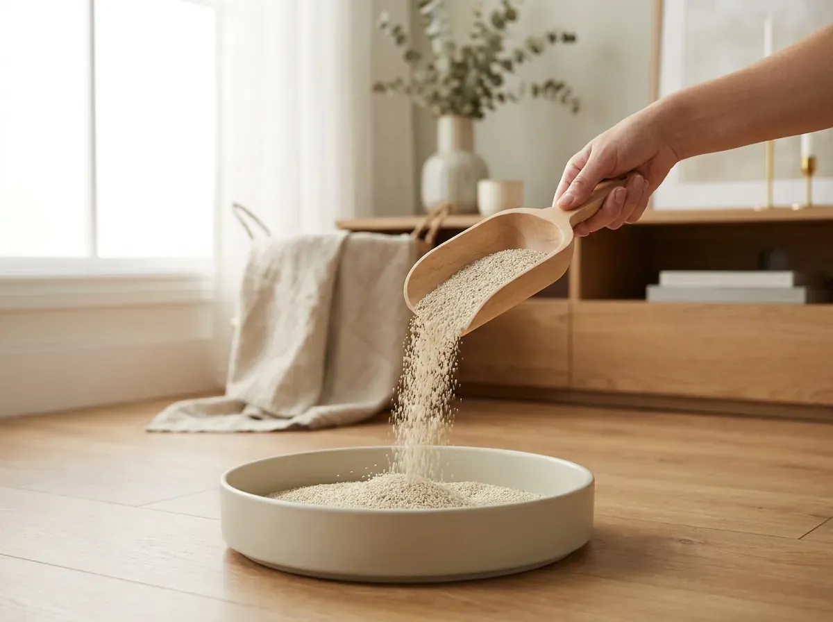 A hand pouring pale, fine-grain cat litter from a wooden scoop into a clean ceramic tray with no visible dust, in a calm sunlit room