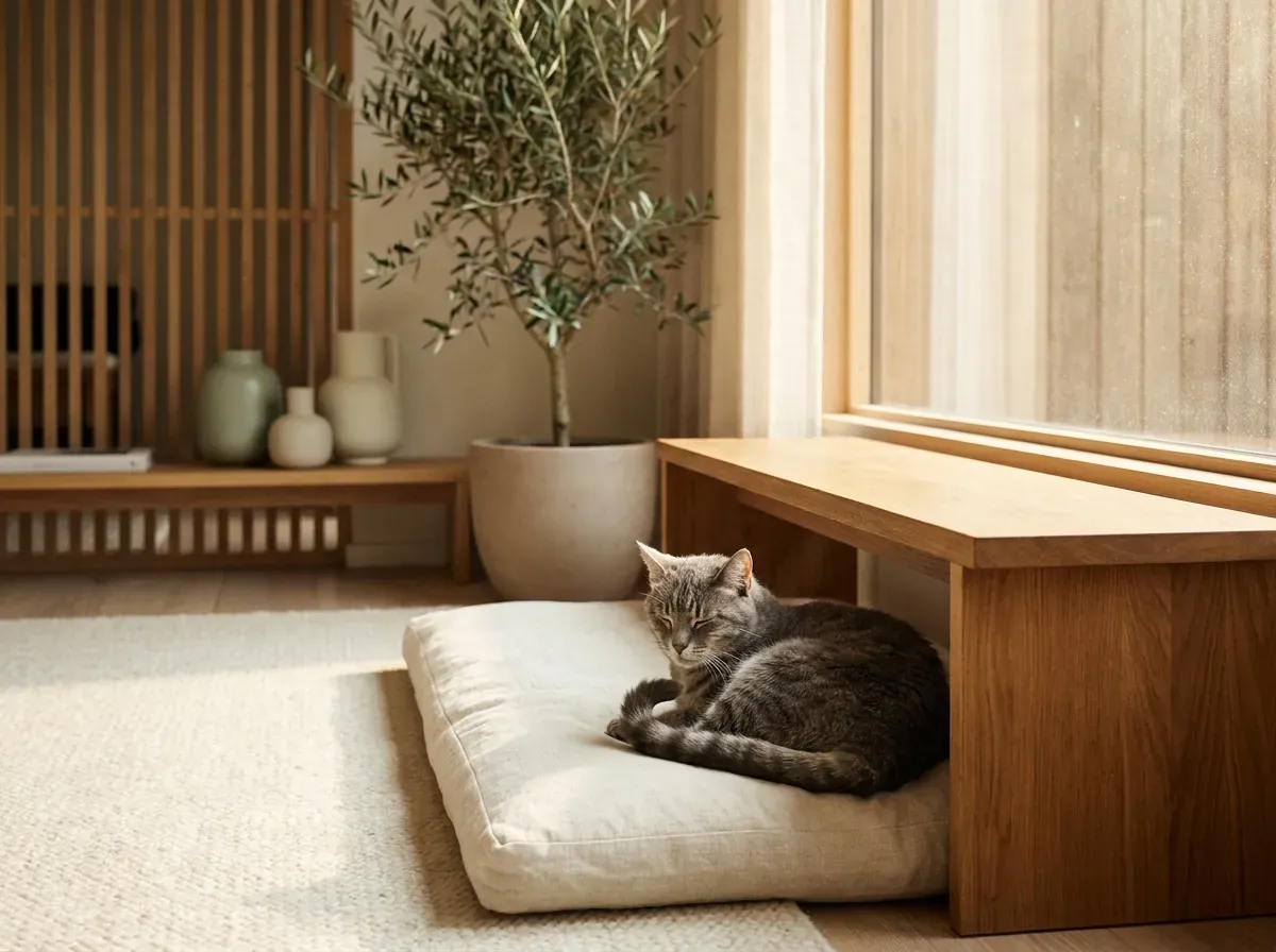 A senior grey tabby cat resting on a low linen floor cushion in a calm, minimalist sunlit room