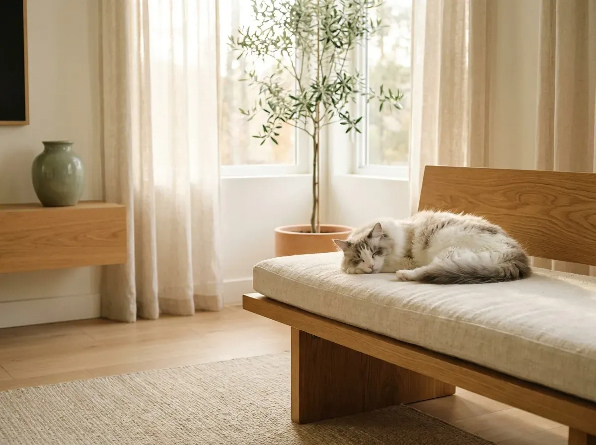 A soft, fluffy white-and-grey cat curled asleep on a natural linen cushion in gentle diffused light